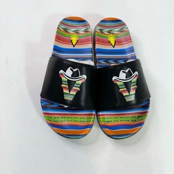 Very Volatile Sandals Womens 8 Black w/Serape Design Slides V Logo Slip On Slide - Picture 6 of 11